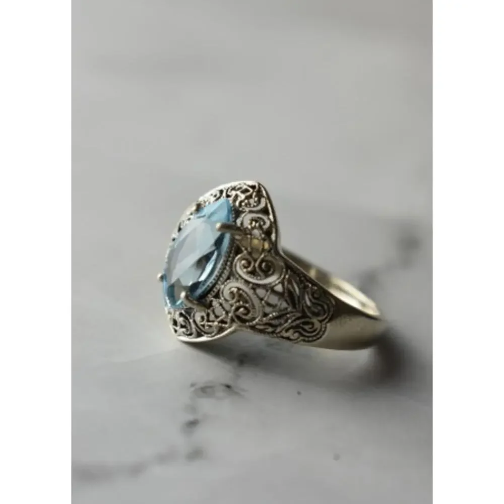 925 Sterling Silver Blue Spinel Openwork Ring Size 8.5